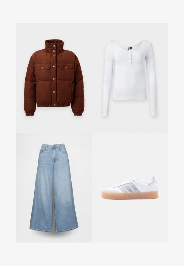 Chaqueta de algodón de corduroy marrón, tipo puffer, con cuello alto, botones a presión, dos bolsillos en el pecho y puños elásticos para un ajuste ceñido.; Blusa blanca de manga larga y tejido acanalado con escote en forma de barco y cuatro botones en el frente. La tela tiene una textura suave y un diseño ajustado.; Vaqueros de pierna ancha azul claro hechos de denim, con cintura alta, bolsillos delanteros y cierre de botones. La tela tiene un lavado desgastado.; Zapatilla blanca de perfil bajo con suela de goma, acentos laterales plateados a rayas y cierre de cordones, mostrada sobre un fondo claro y liso.