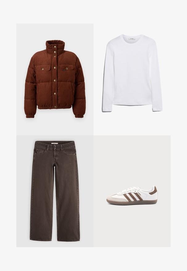 Chaqueta de algodón de corduroy marrón, tipo puffer, con cuello alto, botones a presión, dos bolsillos en el pecho y puños elásticos para un ajuste ceñido.; Camiseta de manga larga blanca hecha de algodón acanalado, con un cuello redondo y un dobladillo recto. Diseño simple sin patrones ni acentos.; Vaqueros marrones de corte recto con bolsillos delanteros, un bolsillo para monedas, trabillas para cinturón y cierre con doble botón en la cintura.; Zapatilla blanca Adidas Samba con franjas de ante marrón, suela de goma marrón y puntera de ante beige, vista desde el lado exterior sobre un fondo liso.