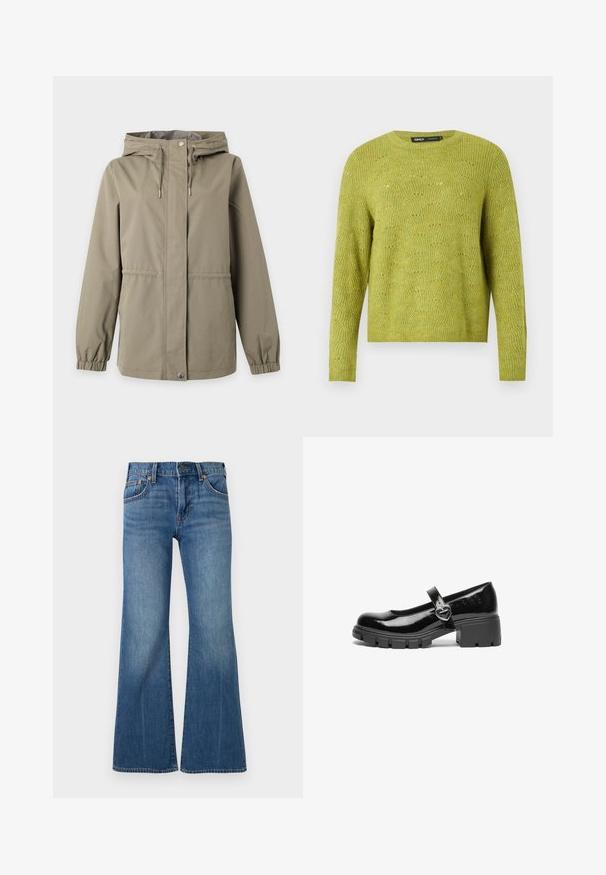 Veste beige à capuche avec fermeture zippée devant et fermeture par boutons-pression, cordons ajustables sur la capuche et poignets élastiques aux manches longues.; Pull en tricot vert à manches longues avec un motif texturé subtil et un col rond sur un fond uni clair.; Jean en denim bleu taille haute, design classique à cinq poches, bouton métallique, et jambes évasées larges.; Chaussure Mary Jane en cuir verni noir avec un talon épais, un bout rond et une sangle ornée d'une boucle en forme de cœur.
