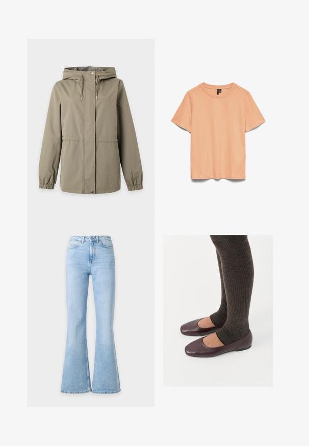 Veste beige à capuche avec fermeture zippée devant et fermeture par boutons-pression, cordons ajustables sur la capuche et poignets élastiques aux manches longues.; T-shirt à manches courtes couleur pêche avec un col rond et une étiquette noire à l'intérieur du col.; Jean en denim bleu clair à taille haute avec jambes larges évasées, avec boutons sur le devant et poches sur un fond uni.; Ballerines en cuir verni bourgogne à bout carré, accompagnées de chaussettes en tricot côtelé marron foncé atteignant le molet.
