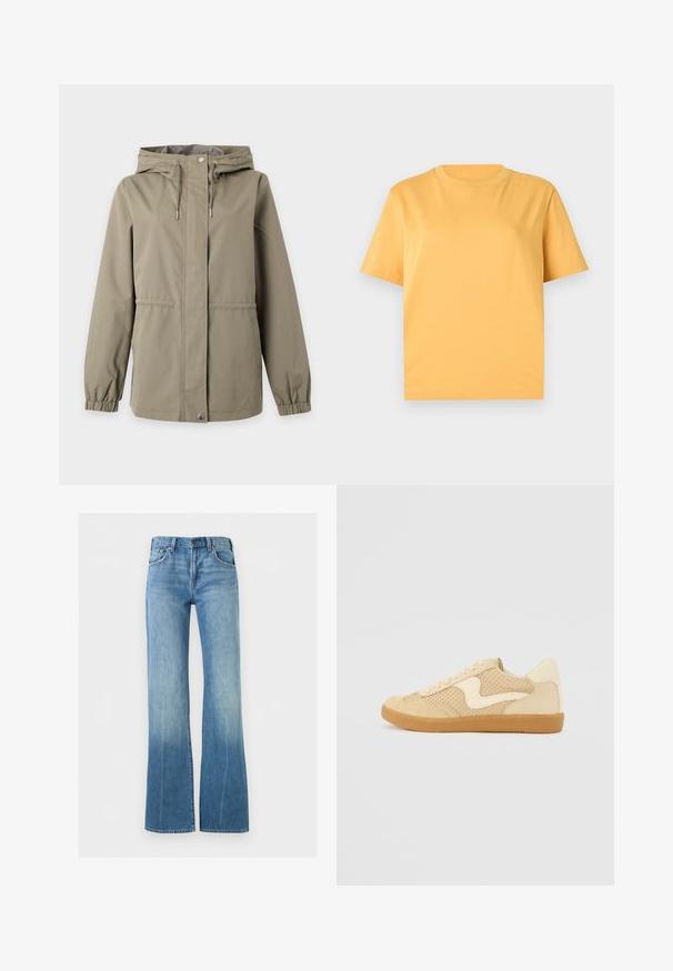 Veste beige à capuche avec fermeture zippée devant et fermeture par boutons-pression, cordons ajustables sur la capuche et poignets élastiques aux manches longues.; T-shirt jaune à manches courtes et col rond, présenté à plat sur un fond gris clair.; Jean en denim bleu clair avec une taille haute et des jambes évasées, doté de poches avant et d'une fermeture à boutons.; Sneaker beige avec des matériaux en daim et en maille, forme arrondie, col rembourré proéminent et semelle en caoutchouc gomme. Présente un accent de design en forme de vague.