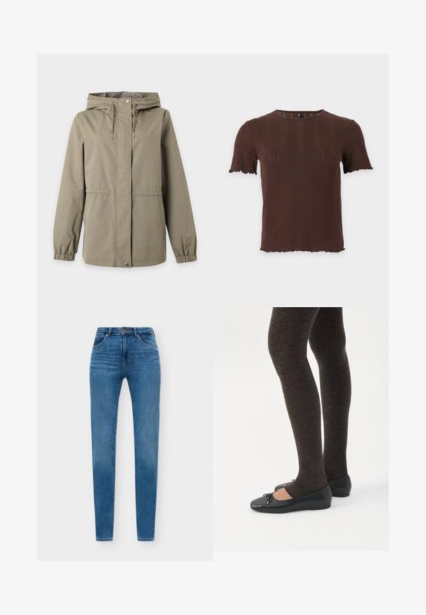 Veste beige à capuche avec fermeture zippée devant et fermeture par boutons-pression, cordons ajustables sur la capuche et poignets élastiques aux manches longues.; Haut marron en maille côtelée à manches courtes avec un col rond et des bords festonnés aux manches et à l'ourlet, présenté sur un fond clair uni.; Jean skinny bleu avec cinq poches, fermeture par bouton et détail délavé, posé à plat sur un fond blanc.; Jambes portant des leggings côtelés foncés associés à des ballerines noires avec de petits détails en nœud sur fond blanc.