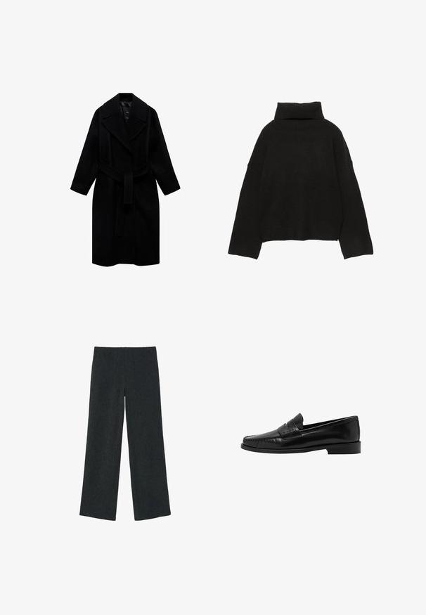 Manteau noir en laine avec un col cranté, une taille ceinturée et une coupe mi-longue. Présente des manches longues et une texture lisse.; Pull noir en maille avec un col roulé côtelé haut et des épaules tombantes. Présente une coupe décontractée et carrée avec des poignets et un ourlet côtelés.; Pantalon large en maille côtelée noire avec taille élastique, devant plat et ourlet droit, présenté sur un fond blanc.; Mango Chaussons - black