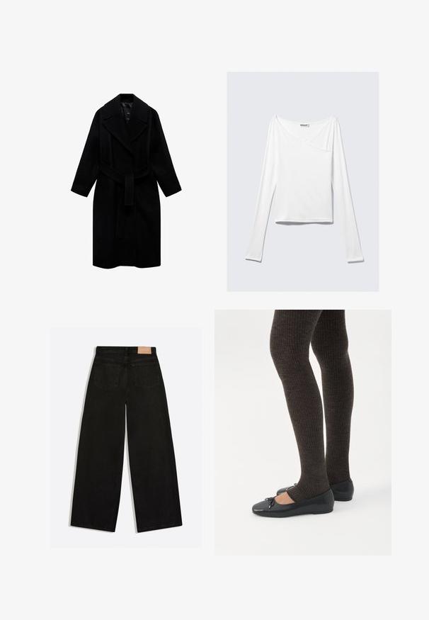 Manteau noir en laine avec un col cranté, une taille ceinturée et une coupe mi-longue. Présente des manches longues et une texture lisse.; Haut blanc à manches longues avec un design croisé et une poche. Fabriqué dans un tissu lisse et extensible. Coupé dans une coupe décontractée et ample.; Jean noir à jambes larges vu de dos, avec deux poches arrière et un patch de marque en cuir marron à la ceinture.; Jambes portant des leggings côtelés foncés associés à des ballerines noires avec de petits détails en nœud sur fond blanc.