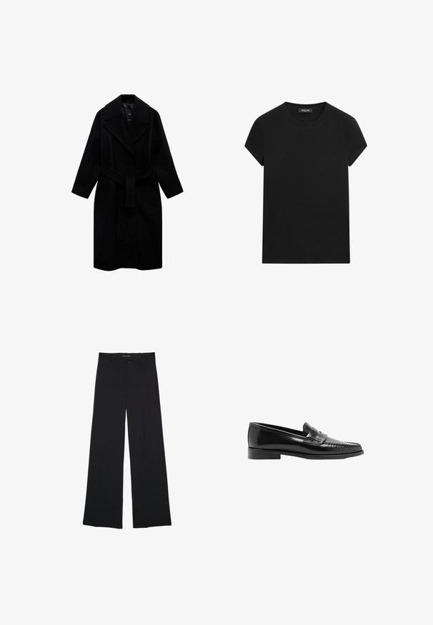 Manteau noir en laine avec un col cranté, une taille ceinturée et une coupe mi-longue. Présente des manches longues et une texture lisse.; T-shirt noir à manches courtes avec un col rond et une étiquette de marque visible à l'encolure, centré sur un fond blanc.; Pantalon noir à jambes larges avec passants de ceinture, bouton frontal et fermeture éclair, étalé à plat sur un fond blanc.; Mocassin penny en cuir noir avec petit talon et surpiqûres moc toe, profil latéral sur fond blanc.