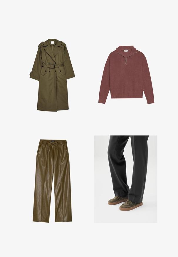 Lang olivengrøn trenchcoat med dobbeltbrystede knapper, brede revers, skulderepauleter, taljebælte og klaplommer.; Ribbet, bordeaux farvet pullover sweater med høj krave, 1/4 lynlås lukning og brede ærmer. Blød tekstur med en afslappet pasform.; Olivenfarvede faux læder buks med vidde ben, elastisk talje og justerbar snøring. Har to sidelommer og en glat tekstur.; Grønne ruskindssneakers med brune gummisåler, der har snørelukning og buede syningsdetaljer, kombineret med sorte skræddersyede bukser.