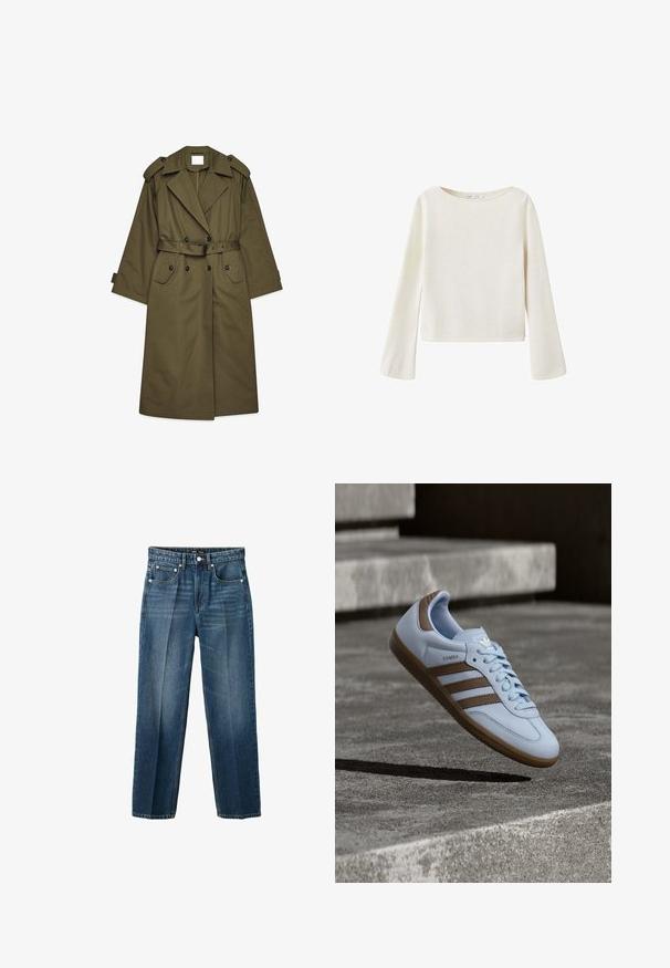 Gabardina larga de color verde oliva con botones de doble botonadura, amplios solapas, epaulettes en los hombros, cintura con cinturón y bolsillos con solapa.; Jersey de manga larga color blanco hueso con un amplio escote redondo y mangas ligeramente acampanadas, hecho de tejido de punto suave.; Vaqueros azules de corte recto con botón y cremallera delanteros, cinco bolsillos y detalles sutiles desgastados en los muslos y las rodillas.; Zapatilla de deporte azul claro con detalles en ante marrón, presenta tres franjas laterales, cordones planos y una suela de goma texturizada. Logotipo de la marca en la lengüeta.