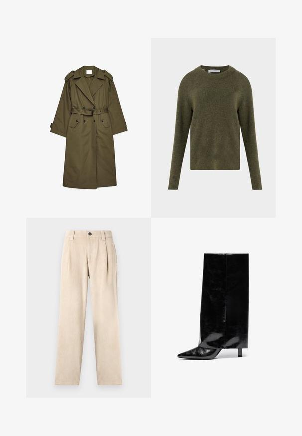 Lange olijfgroene trenchcoat met dubbele knopen, brede revers, schouderepauletten, een ceintuur in de taille en klepzakken.; Olivengroene wollen trui met lange mouwen, ronde hals en zachte, textuurrijke stof, met het label "Selected Femme" aan de binnenzijde van de kraag.; Beige corduroy rechte pijpen broek met riemlussen, voorplooien, zakken en een zwarte knoopsluiting in de taille.; Zwarte leren enkelboot met puntschoen en blokhak, met een hoge, glanzende schacht en een gestructureerde afwerking op het onderste gedeelte.