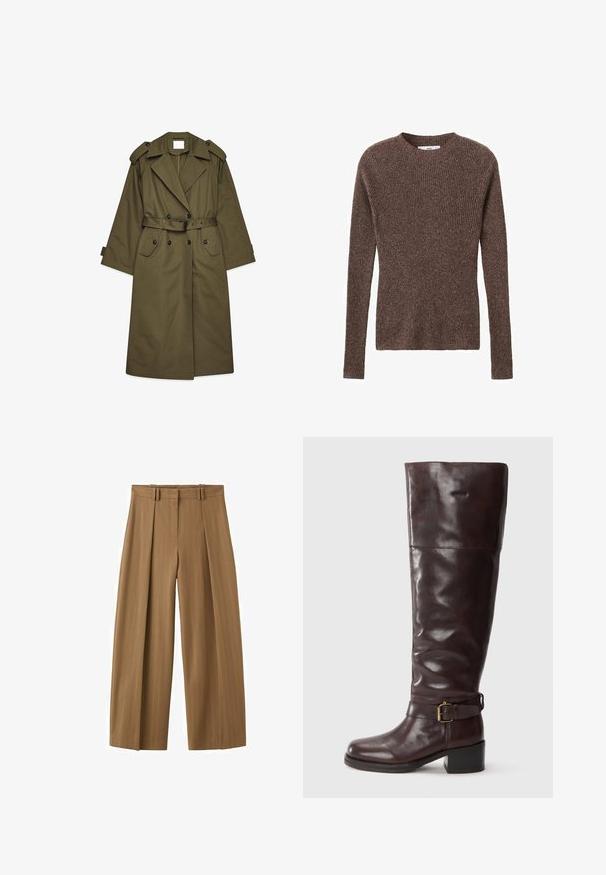 Lange olijfgroene trenchcoat met dubbele knopen, brede revers, schouderepauletten, een ceintuur in de taille en klepzakken.; Bruine geribbelde gebreide trui met een ronde halslijn en lange mouwen, met een textuurstof en een getailleerde pasvorm.; Brunette hoge taille wijde broek met subtiele krijtstrepen, plooien aan de voorkant, lussen voor een riem en een verborgen rits aan de voorkant.; Bruine leren laarzen tot over de knie met een ronde neus, een brede schacht, een gespsysteem bij de enkel en een lage blokhak.
