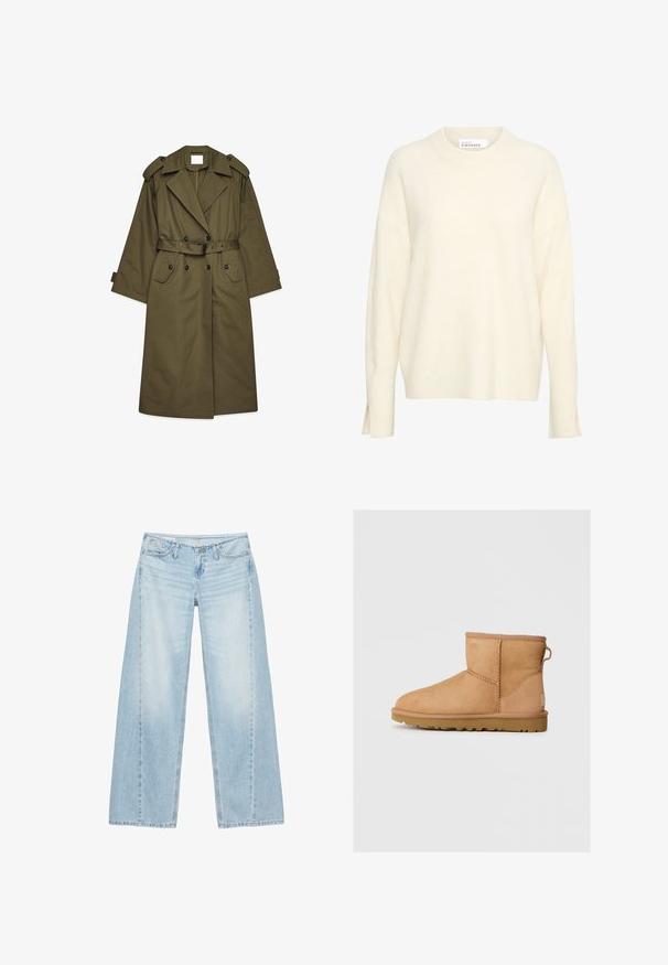 Lang olivengrøn trenchcoat med dobbeltbrystede knapper, brede revers, skulderepauleter, taljebælte og klaplommer.; Cremefarvet sweater lavet af blødt stof, med rund halsudskæring, drop shoulder-design, sideslids og ribbede manchetter.; Lyseblå vidde jeans med forlommer, bæltestropper og knaplukning.; Brune suede ankelstøvle med rund tå, stikninger, en pull tab bagpå og en tekstureret gummisål. Designet til komfort og varme.