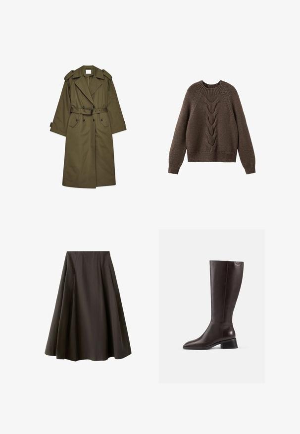 Lang olivengrøn trenchcoat med dobbeltbrystede knapper, brede revers, skulderepauleter, taljebælte og klaplommer.; Brun strikket sweater med rund halsudskæring, lange ærmer og et kabelstrikdesign, der løber ned langs fronten. Ribbet kant og manchetter.; Sort A-formet nederdel med høj talje og vid nederste kant, lavet af glat stof, vist mod en hvid baggrund.; Brune læderstøvler til knæene med en glat overflade, rund tå og en stablet sort hæl. Simpelt design med minimale hardwaredetaljer.