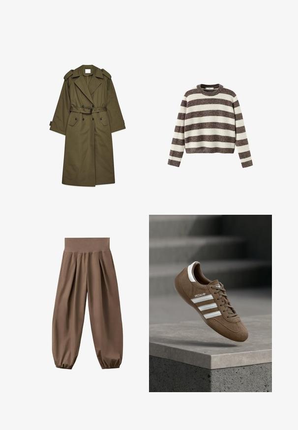 Langer olivgrüner Trenchcoat mit doppelreihigen Knöpfen, breiten Revers, Schulterepauletten, einem taillierten Bund und Klappentaschen.; Gestreifter Pullover in Creme und Dunkelbraun. Gerippter Rundhalsausschnitt, lange Ärmel und ein kurzer Saum. Weiche Textur mit lockerem Sitz.; Braune, locker sitzende, hoch taillierte Hose mit gesammelten elastischen Bündchen und vorderen Falten, auf weißem Hintergrund dargestellt.; Brauner Adidas Spezial Sneaker aus Wildleder mit weißen Streifen und Schnürsenkeln, schwebt über einer grauen Betonkante vor unscharfem Treppenhintergrund.