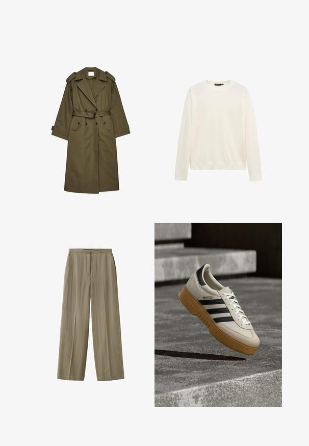 Lang olivengrøn trenchcoat med dobbeltbrystede knapper, brede revers, skulderepauleter, taljebælte og klaplommer.; Hvid langærmet crewneck-trøje med ribstrikkede manchetter og kant, vist mod en helt hvid baggrund.; Lysebrune bukser med lige ben, flad front, sidelommer og skjult lynlåslukning foran.; Beige ruskindsneaker med sorte striber, hvide snørebånd og en gummisål i naturfarve. Har "SPEZIAL"-mærkning på siden.