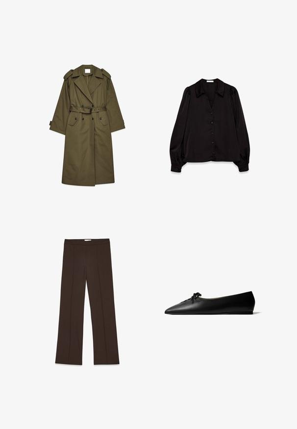 Lange olijfgroene trenchcoat met dubbele knopen, brede revers, schouderepauletten, een ceintuur in de taille en klepzakken.; Zwarte satijnen-blouse met kraag, knoopsluiting en poffende lange mouwen; gladde textuur en een relaxte pasvorm.; Bruine, wijde broek van gladde stof; heeft voorplooien en een standaard tailleband. Minimalistisch ontwerp zonder zichtbare sluitingen.; Zwarte leren platte schoen met puntige neus, voorzien van een kleine strik bovenop en een lage sleehak, zijaanzicht tegen een witte achtergrond.
