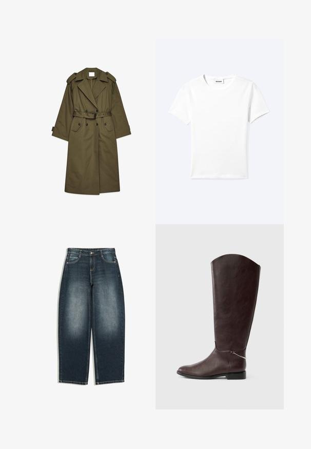 Lange olijfgroene trenchcoat met dubbele knopen, brede revers, schouderepauletten, een ceintuur in de taille en klepzakken.; Effen wit T-shirt met korte mouwen en ronde hals met een klein "WEEKDAY" label aan de binnenkant van de hals, plat neergelegd op een lichte achtergrond.; Donkerblauwe jeans met wijde pijpen en lichte vervaging op de voorkant van de dijen, vijf zakken, knoopsluiting en riemlussen, plat gelegd op een witte achtergrond.; Donkerbruine leren laars tot op de knie met een platte hak en een klein zilveren sieraad bij de enkel op een witte achtergrond.
