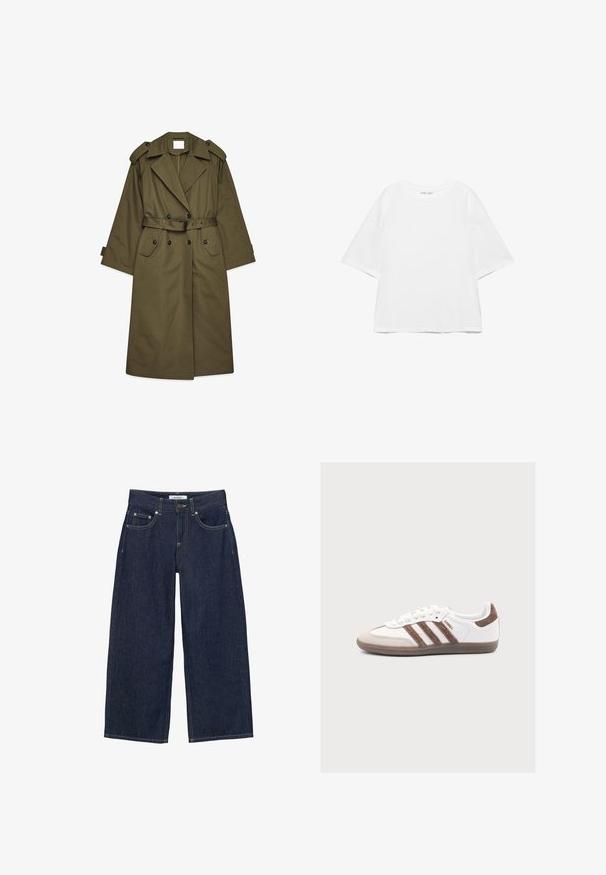 Lang olivengrøn trenchcoat med dobbeltbrystede knapper, brede revers, skulderepauleter, taljebælte og klaplommer.; Hvid oversize T-shirt med korte ærmer og rund hals, ensfarvet design og skuldersømme, der er sænket, på hvid baggrund.; Mørkeblå denim jeans med vide ben, forlommer, bæltestropper, knaplukning og kontrastsyninger.; Hvid Adidas Samba sneaker med brune ruskindstriber og hælflap, beige tåhætte og gummisål på ensfarvet baggrund.