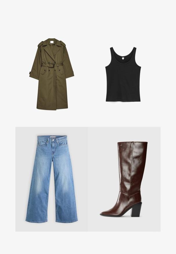 Lange olijfgroene trenchcoat met dubbele knopen, brede revers, schouderepauletten, een ceintuur in de taille en klepzakken.; Zwarte mouwloze tanktop met ronde hals, plat liggend op een witte achtergrond.; Lichtblauwe wijde spijkerbroek gemaakt van denim, met een hoge taille, een ritssluiting en knoopsluiting aan de voorkant, en het klassieke ontwerp met vijf zakken.; Hoge donkerbruine leren laars met een spitse neus en een gestapelde blokhak, vanuit de zijkant weergegeven op een effen achtergrond.