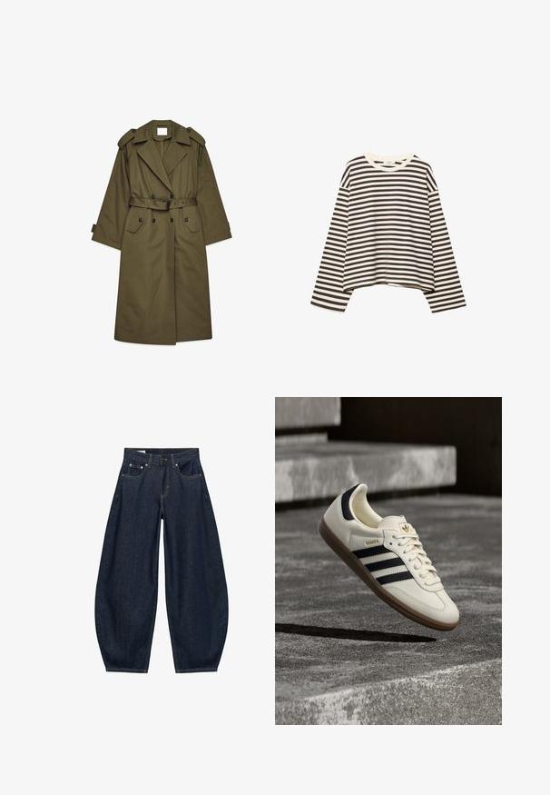 Langer olivgrüner Trenchcoat mit doppelreihigen Knöpfen, breiten Revers, Schulterepauletten, einem taillierten Bund und Klappentaschen.; Langärmeliges, bauchfreies Shirt mit schwarzen und weißen horizontalen Streifen und rundem Halsausschnitt, dargestellt auf weißem Hintergrund.; Dunkelblaue Jeans mit weitem Bein, vorderen Taschen, Gürtelschlaufen und Knopfverschluss in der Taille.; Weißer Adidas Samba Sneaker mit schwarzen Streifen und Gummisohle, schwebend über strukturierten grauen Betontreppen.