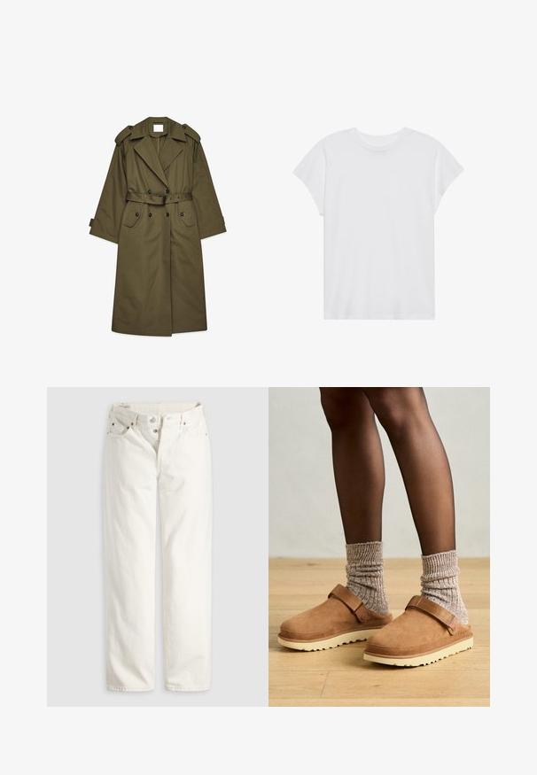 Gabardina larga de color verde oliva con botones de doble botonadura, amplios solapas, epaulettes en los hombros, cintura con cinturón y bolsillos con solapa.; Camiseta blanca de manga corta con cuello redondo, corte relajado, hecha de suave tela de algodón. Textura lisa, sin estampados ni logotipos.; Vaqueros blancos de talle alto con pierna recta, cremallera de botones, bolsillos delanteros y traseros, y remaches de cobre visibles en las esquinas de los bolsillos.; Zuecos de ante marrón con una correa, suela de goma color crema y calcetines de punto gris texturizado. El suelo es de madera clara.