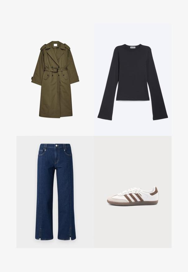 Langer olivgrüner Trenchcoat mit doppelreihigen Knöpfen, breiten Revers, Schulterepauletten, einem taillierten Bund und Klappentaschen.; Schwarzes Langarmshirt mit Rundhalsausschnitt und ausgestellten Ärmeln mit einem "WEEKDAY" Etikett am Kragen auf weißem Hintergrund.; Dunkelblaue Denim-Jeans mit weitem Bein und hoher Taille, mit seitlichen Taschen, einem Frontknopfverschluss und Schlitzsäumen für zusätzliche Details.; Weißer Adidas Samba Sneaker mit braunen Wildlederstreifen, brauner Gummisohle und beiger Wildlederkappe, von der Außenseite auf schlichtem Hintergrund gezeigt.