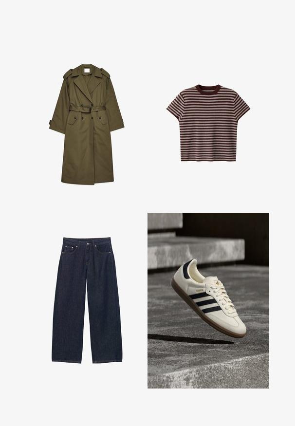 Lang olivengrøn trenchcoat med dobbeltbrystede knapper, brede revers, skulderepauleter, taljebælte og klaplommer.; Kortærmet, brun strikbluse med hvide vandrette striber og rund halsudskæring på hvid baggrund.; Mørkeblå denimbukser med brede ben, forlommer, bæltestropper og knaplukning ved taljen.; Hvid Adidas Samba sneaker med sorte striber og gummsål, svævende over teksturerede grå betonstrin.