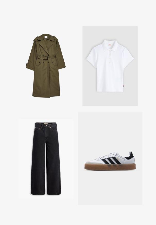 Langer olivgrüner Trenchcoat mit doppelreihigen Knöpfen, breiten Revers, Schulterepauletten, einem taillierten Bund und Klappentaschen.; Weißes kurzärmliges, geripptes Poloshirt mit Kragen und vier Knöpfen, flach auf einem hellgrauen Hintergrund liegend.; Schwarze weite Jeans aus Denim mit fünf Taschen, Kupferrivets und einem klassischen Knopfverschluss. Glatte Textur mit einem klaren Design.; Weiße Leder Sneakers mit schwarzen Streifen, Gummigummi-Außensohle, runder Zehenform, Schnürverschluss und weichem grauem Wildleder-Zehenkappe.