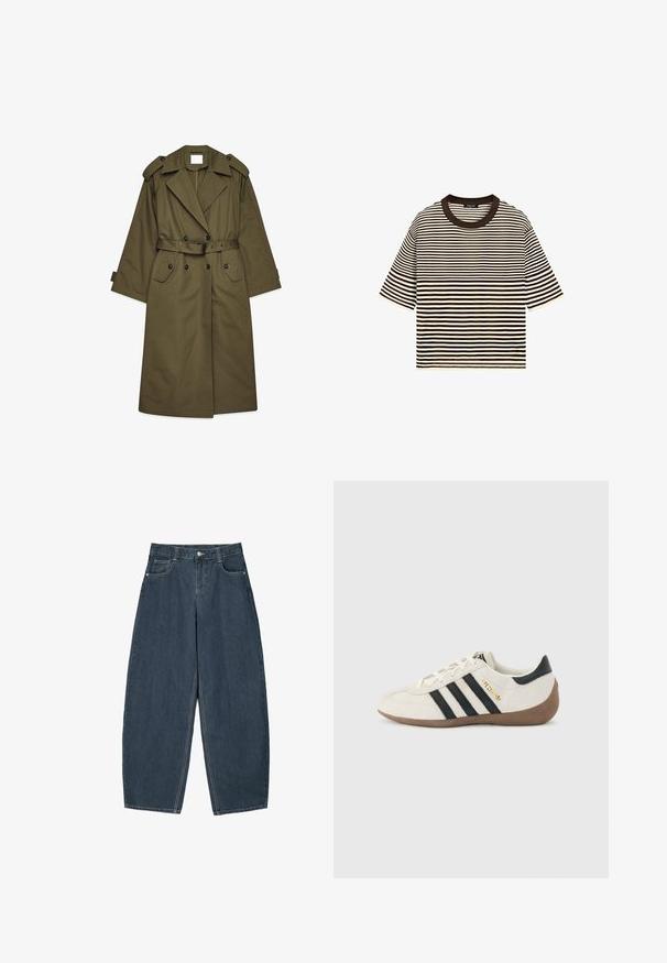 Langer olivgrüner Trenchcoat mit doppelreihigen Knöpfen, breiten Revers, Schulterepauletten, einem taillierten Bund und Klappentaschen.; Kurzärmeliges schwarz-weiß gestreiftes T-Shirt mit schwarzem Rundhalsausschnitt, flach auf weißem Hintergrund liegend.; Dunkelblaue Denim-Hosenträger mit weitem Bein und hoher Taille, ausgestattet mit fünf Taschen und sichtbaren Nähdetails. Sauberes, minimalistisches Design.; Weißer Adidas-Sneaker mit schwarzen Streifen, brauner strukturierter Sohle und goldener Aufschrift "SPEZIAL" an der Seite, von der Außenseite betrachtet.