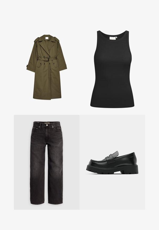 Gabardina larga de color verde oliva con botones de doble botonadura, amplios solapas, epaulettes en los hombros, cintura con cinturón y bolsillos con solapa.; Top negro sin mangas hecho de tela acanalada, con un escote en forma de bote y un ajuste ceñido. Costuras planas y sin adornos. Diseño simple y elegante.; Levi's® BAGGY DAD - Vaqueros baggy - shrink up; Mocasines de cuero negro con suela gruesa y texturizada, que presentan una correa sobre el empeine y un acabado suave y pulido.
