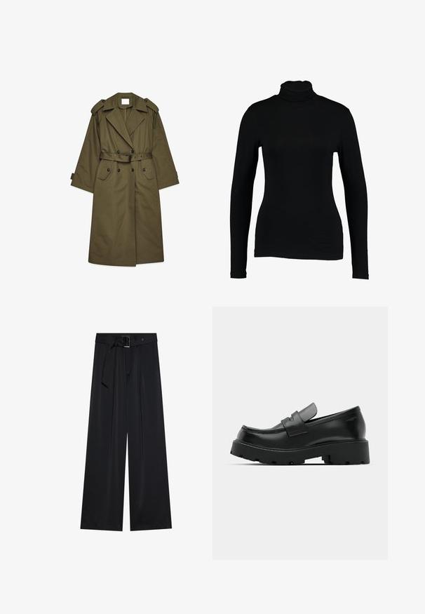 Lange olijfgroene trenchcoat met dubbele knopen, brede revers, schouderepauletten, een ceintuur in de taille en klepzakken.; Zwart lange mouw turtleneck top van gladde stof, met een aansluitend ontwerp en hoge hals, geschikt voor layering of als standalone kleding.; Zwarte wijde broek van gladde stof, met een hoge tailleband en een riem met lussen, en opvallende aantal plooien aan de voorkant.; Zwarte leren instappers met een chunky, gestructureerde zool, voorzien van een band over de voet en een gladde, gepolijste afwerking.