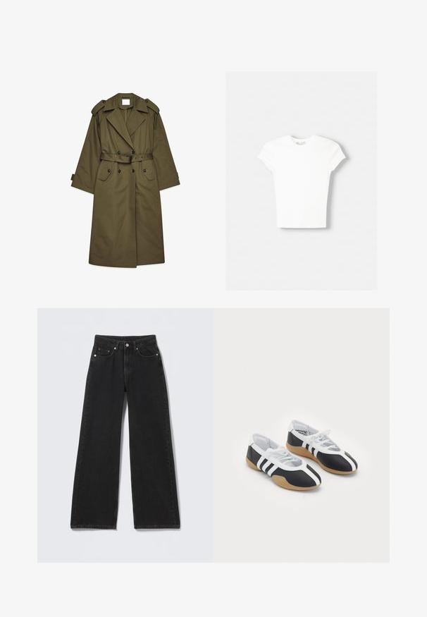 Lange olijfgroene trenchcoat met dubbele knopen, brede revers, schouderepauletten, een ceintuur in de taille en klepzakken.; Witte t-shirt met korte mouwen van zachte katoen, met een ronde halslijn en een getailleerde vorm. Geen zichtbare patronen of versieringen.; Zwarte high-waist jeans met wijde pijpen, een knoop- en ritsluiting aan de voorzijde, riemlussen en vijf voorzakken op een lichte achtergrond.; Zwart-witte sport schoenen met een slank ontwerp, rubberen zool, vetersluiting en drie witte strepen aan de zijkanten.
