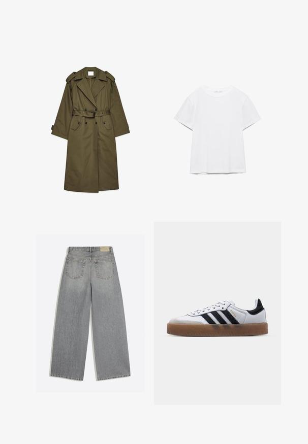 Lange olijfgroene trenchcoat met dubbele knopen, brede revers, schouderepauletten, een ceintuur in de taille en klepzakken.; Effen wit T-shirt met korte mouwen en ronde hals, met een rechte zoom, gepresenteerd tegen een witte achtergrond.; Grijze wijde denim jeans met achterkant met twee zakken en riemlussen plat op een witte achtergrond gelegd.; Witte leren sneakers met zwarte strepen, gumrubberen buitenzool, ronde neus, vetersluiting en een zachte grijze suède neuskap.