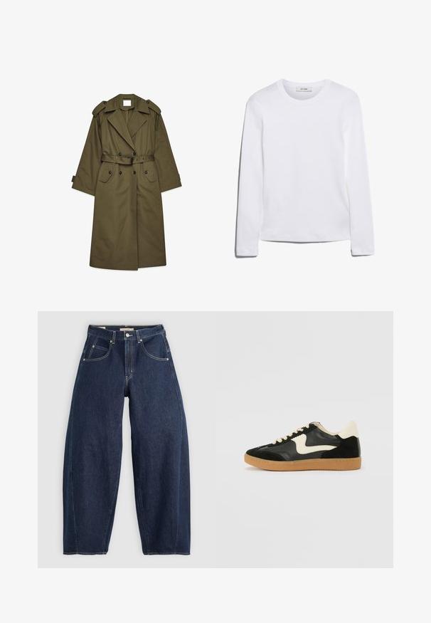 Langer olivgrüner Trenchcoat mit doppelreihigen Knöpfen, breiten Revers, Schulterepauletten, einem taillierten Bund und Klappentaschen.; Langärmliges weißes T-Shirt aus geripptem Baumwollstoff, mit rundem Ausschnitt und geradem Saum. Einfaches Design ohne Muster oder Akzente.; Dunkelblaue Denim-Jeans mit lockerer Passform, heller Naht, fünf Taschen und einem Knopfverschluss am Bund.; Schwarze Wildleder- und Leder-Sneaker mit einem cremefarbenen Seiten-Swoosh und einer hellcremefarbenen Ferse. Ausgestattet mit beige Schnürsenkeln und einer Gummilaufsohle.