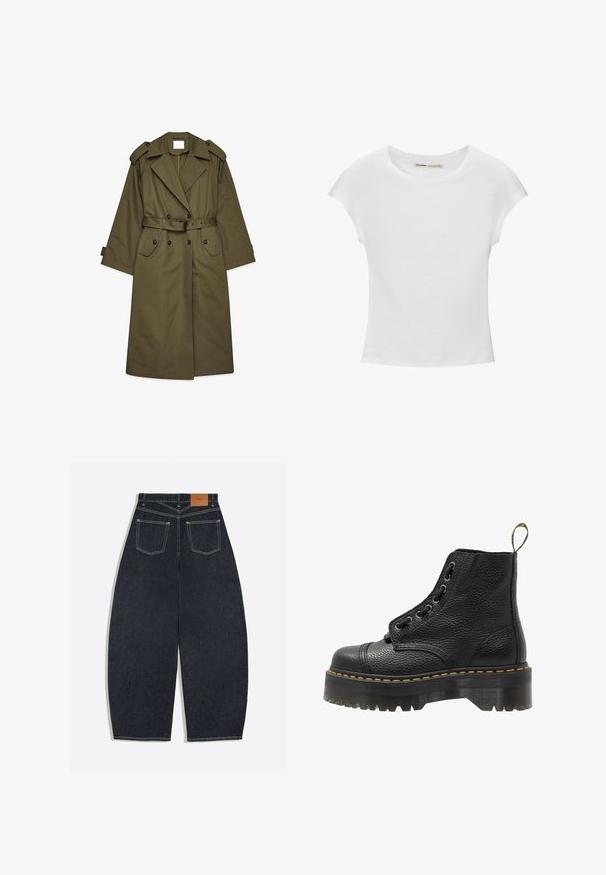 Langer olivgrüner Trenchcoat mit doppelreihigen Knöpfen, breiten Revers, Schulterepauletten, einem taillierten Bund und Klappentaschen.; Weißes Baumwoll-T-Shirt mit kurzen, aufgerollten Ärmeln, rundem Ausschnitt und geradem Saum. Glatte Textur ohne sichtbare Muster oder Akzente.; Dunkelblaue Jeans mit weitem Bein, von hinten gezeigt, mit zwei aufgesetzten Taschen und einem braunen Lederetikett am Bund.; Schwarze Leder-Ankle-Boots mit strukturierten Oberflächen, runder Zehenpartie, Schnürdesign, gelben Nähten und einer dicken, gerippten schwarzen Plateausohle.