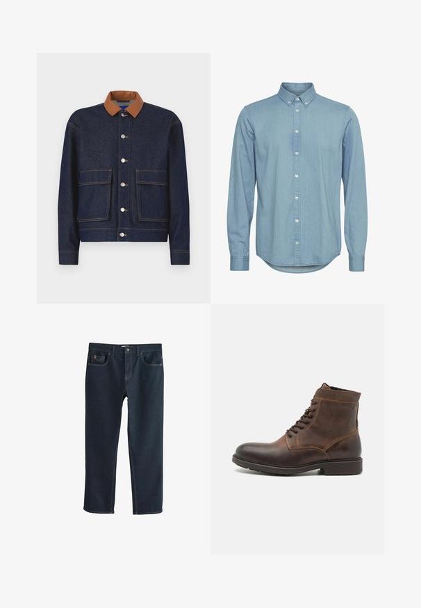 Chaqueta de mezclilla con un collar de cuero sintético marrón, botones a presión plateados y dos bolsillos frontales. Tejido azul oscuro con costuras de contraste.; Camisa de mezclilla azul claro con cuello abotonado, mangas largas y dobladillo curvado. Presenta una tapeta delantera con botones blancos.; Pantalones vaqueros de mezclilla azul oscuro con un diseño de pierna recta, que cuentan con bolsillos delanteros y detalles sutiles de costura. Textura suave, estilo clásico.; Jack & Jones JFWDELANEY BOOT - Botines con cordones - cognac