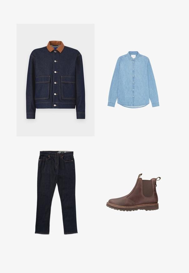 Chaqueta de mezclilla con un collar de cuero sintético marrón, botones a presión plateados y dos bolsillos frontales. Tejido azul oscuro con costuras de contraste.; Camisa de mezclilla azul claro con botones, mangas largas, cuello puntiagudo y dobladillo redondeado. Cuenta con cierre frontal de botones y pequeño detalle de logotipo.; Vaqueros de mezclilla oscura con corte recto, costuras naranjas, diseño de cinco bolsillos y cierre clásico de botón y cremallera.; Bota de cuero marrón hasta el tobillo con paneles laterales elásticos, lengüetas de agarre, costuras en contraste y suela de goma resistente para tracción.