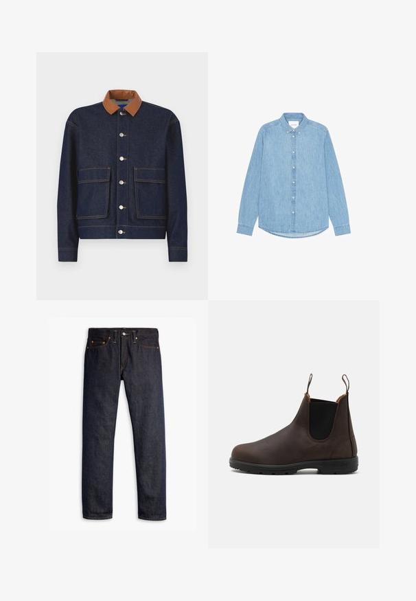 Chaqueta de mezclilla con un collar de cuero sintético marrón, botones a presión plateados y dos bolsillos frontales. Tejido azul oscuro con costuras de contraste.; Camisa de mezclilla azul claro con botones, mangas largas, cuello puntiagudo y dobladillo redondeado. Cuenta con cierre frontal de botones y pequeño detalle de logotipo.; Vaqueros de denim azul oscuro con corte recto, diseño de cinco bolsillos, remaches de cobre, costuras amarillas y una tela texturizada distintiva.; Botín de piel marrón hasta el tobillo con paneles laterales elásticos y lengüetas en la parte superior, que presenta una superficie texturizada y una suela de goma negra duradera.