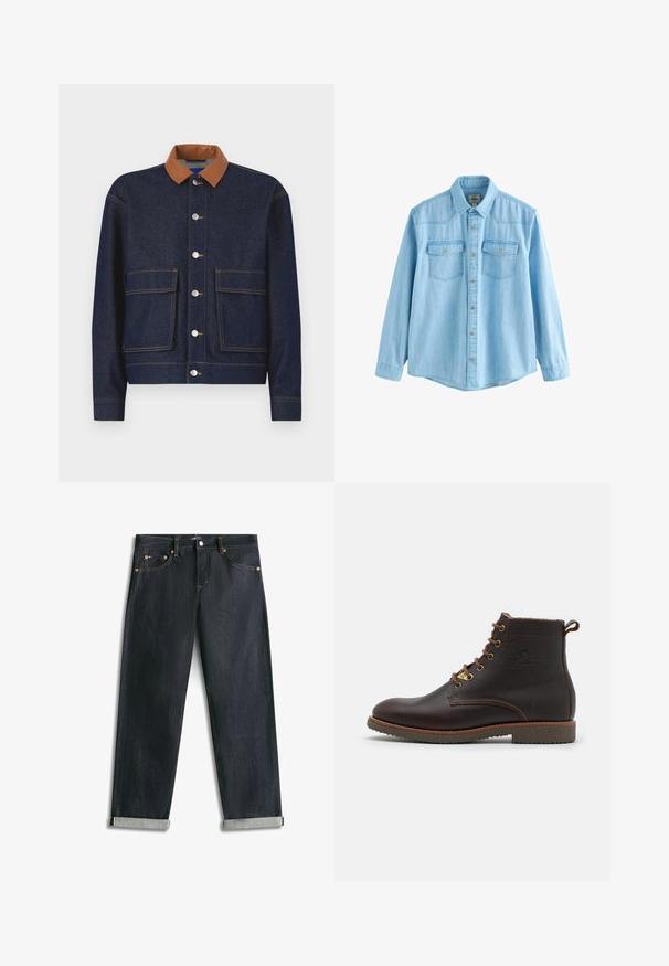 Chaqueta de mezclilla con un collar de cuero sintético marrón, botones a presión plateados y dos bolsillos frontales. Tejido azul oscuro con costuras de contraste.; Camisa de mezclilla azul claro de manga larga con botones en la parte frontal y dos bolsillos en el pecho con solapas abotonadas.; Vaqueros de mezclilla azul oscuro con puños enrollados, cinco bolsillos y costuras de contraste, extendidos planos sobre un fondo blanco.; Botín de cuero marrón hasta el tobillo con un acabado texturizado, puntera redonda, cordones en un tono marrón claro que contrastan, y suela de goma. Presenta un detalle decorativo con el logo.
