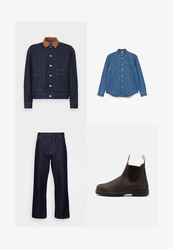 Chaqueta de mezclilla con un collar de cuero sintético marrón, botones a presión plateados y dos bolsillos frontales. Tejido azul oscuro con costuras de contraste.; Camisa de mezclilla azul de manga larga con cuello puntiagudo, botones blancos, un bolsillo en el pecho y un dobladillo recto. Textura uniforme y peso medio.; Jeans de mezclilla de pierna recta en azul oscuro con bolsillos frontales, trabillas para el cinturón, cierre de cremallera y botón, mostrados sobre un fondo blanco liso.; Botín de piel marrón hasta el tobillo con paneles laterales elásticos y lengüetas en la parte superior, que presenta una superficie texturizada y una suela de goma negra duradera.