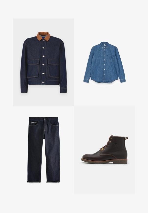 Chaqueta de mezclilla con un collar de cuero sintético marrón, botones a presión plateados y dos bolsillos frontales. Tejido azul oscuro con costuras de contraste.; Camisa de mezclilla azul de manga larga con cuello puntiagudo, botones blancos, un bolsillo en el pecho y un dobladillo recto. Textura uniforme y peso medio.; Vaqueros de mezclilla azul oscuro con un ajuste recto clásico, que cuentan con cinco bolsillos, cierre de botones y puños doblados que muestran un forro azul claro.; Botín de cuero marrón hasta el tobillo con un acabado texturizado, puntera redonda, cordones en un tono marrón claro que contrastan, y suela de goma. Presenta un detalle decorativo con el logo.