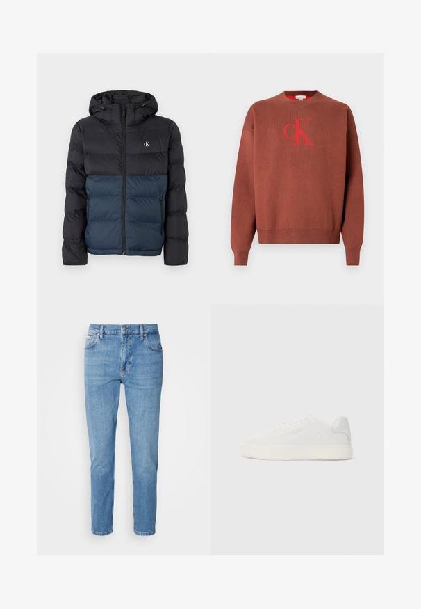 Polstret jakke med hætte, sort topdel og marineblå bunddel, lynlåslukning og logo på brystet. Glat, letvægtsstof.; Brun strikket sweater med rund halsudskæring, med en rød "CK"-logo på forsiden. Ribstrikkede manchetter og kant, glat tekstur.; Lys blå denim jeans med lige snit, fem-lomme design og subtilt slid. Har knaplukning og bæltestropper.; Hvid sneaker med glat syntetisk overdel, rund tå og flad hvid sål. Har tonale syninger og minimal branding på siden.