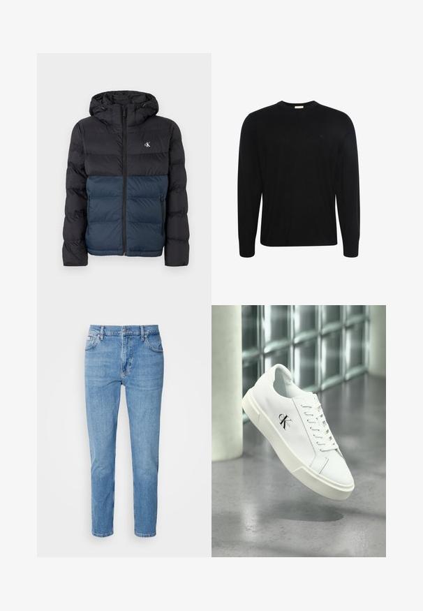 Chaqueta acolchada con capucha, mitad superior negra y mitad inferior azul marino, cierre de cremallera y logo en el pecho. Tela suave y ligera.; Jersey negro de manga larga con cuello redondo, tela con textura sutil y pequeño logo bordado en el pecho izquierdo.; Vaqueros de mezclilla azul claro con corte recto, diseño de cinco bolsillos y un sutil desgastado. Presentan un cierre de botón y pasadores para cinturón.; Zapatilla blanca Calvin Klein con cordones, mostrada flotando sobre un suelo de cemento pulido y un fondo de pared de bloques de vidrio.