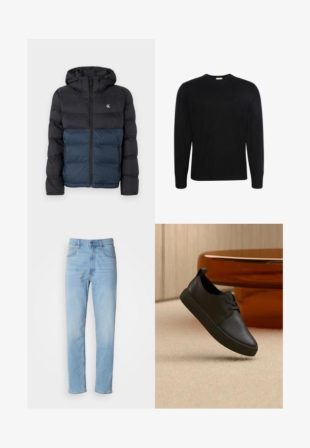 Padded Jacke mit Kapuze, schwarzem oberen Teil und marineblauem unteren Teil, mit Reißverschluss und Logo auf der Brust. Glattes, leichtes Material.; Schwarzer Pullover mit langen Ärmeln und Rundhalsausschnitt, aus dezent strukturiertem Stoff mit kleinem gesticktem Logo auf der linken Brust.; Hellblaue Jeans mit geradem Schnitt, fünf Taschen und Gürtelschlaufen. Der Stoff hat eine glatte Textur mit einem leichten Verblassungseffekt.; Schwarzer Freizeit-Sneaker aus Leder mit Schnürsenkeln, schwebt über einem beigen Teppich, im Hintergrund ein bernsteinfarbenes, rundes Glastisch.