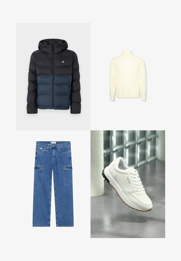 Polstret jakke med hætte, sort topdel og marineblå bunddel, lynlåslukning og logo på brystet. Glat, letvægtsstof.; Kremfarvet langærmet højhalset sweater med ribbet manchetter og et diskret logo på brystet, vist på en ensfarvet hvid baggrund.; Denim cargo bukser i mellemblå, med brede ben, to sidelommer med klap og diskrete stikninger. Calvin Klein Jeans mærket synligt.; Hvid Calvin Klein sneaker med snørelukning foran og sort og brunt gummisål, vist i moderne indendørs omgivelser med glasblokke.