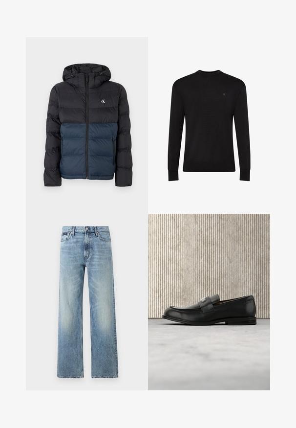 Padded Jacke mit Kapuze, schwarzem oberen Teil und marineblauem unteren Teil, mit Reißverschluss und Logo auf der Brust. Glattes, leichtes Material.; Schwarzer Pullover mit Rundhalsausschnitt und langen Ärmeln, kleinem, dezentem Logo auf der oberen linken Brustseite sowie gerippten Bündchen und Saum.; Hellblaue Jeans mit geradem Bein, hohem Bund, fünf Taschen, Knopfverschluss und dezentem Verblassen an Oberschenkeln und Knien.; Schwarzer Lederloafer mit einer Metallmarkenplatte, der nahe einem braunen runden Tisch auf beigem Teppichboden ruht.