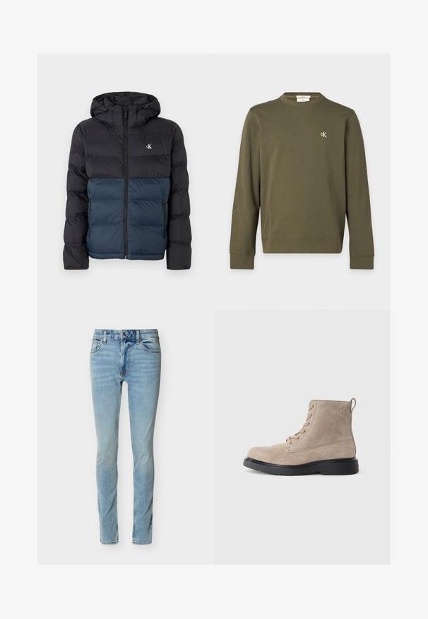 Veste rembourrée avec capuche, moitié supérieure noire et moitié inférieure bleu marine, fermeture éclair et logo sur la poitrine. Tissu lisse et léger.; Sweat-shirt vert olive à manches longues, col rond avec petit logo blanc "cK" sur la poitrine gauche.; Jean en denim bleu clair, coupe slim, avec bouton frontal, fermeture éclair et cinq poches, présenté sur un fond blanc.; Bottines en daim beige avec semelle en caoutchouc noir, design à lacets, et un petit logo embossé sur le côté, avec une languette à l'arrière.
