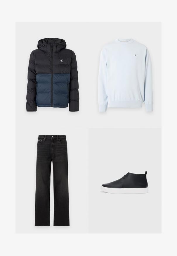 Padded Jacke mit Kapuze, schwarzem oberen Teil und marineblauem unteren Teil, mit Reißverschluss und Logo auf der Brust. Glattes, leichtes Material.; Hellblauer Langarm-Pullover mit Rundhalsausschnitt, gerippten Bündchen und Saum, mit kleinem schwarzem "CK"-Logo auf der linken Brust.; Schwarze Jeans mit geraden Beinen, fünf Taschen, Gürtelschlaufen und Knopfverschluss, auf weißem Hintergrund dargestellt.; Schwarze Leder-Hohe Sneaker mit glatter Oberfläche, weißer Gummisohle und einfachem Schnürdesign. Verfügt über eine Zuglasche an der Rückseite.