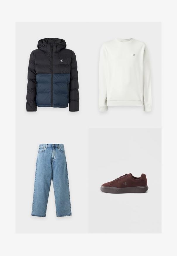Padded Jacke mit Kapuze, schwarzem oberen Teil und marineblauem unteren Teil, mit Reißverschluss und Logo auf der Brust. Glattes, leichtes Material.; Hellgraues Crewneck-Sweatshirt aus glattem Stoff, mit gerippten Bündchen und Saum, sowie einem kleinen gestickten Logo auf der Brust.; Hellblaue Jeans aus Denim mit hoher Taille, weitem geradem Bein, vorderer Knopfleiste, Reißverschluss und Fünf-Taschen-Design.; Burgunderfarbene Wildledersneaker mit Gummisohle, runden Schnürsenkeln und einem dezenten, geprägten Logo an der Seite zur Markenkennzeichnung.