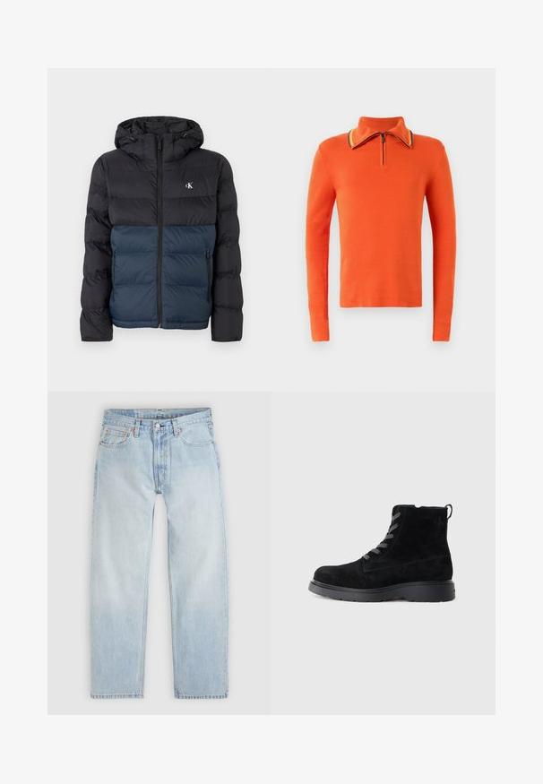 Padded Jacke mit Kapuze, schwarzem oberen Teil und marineblauem unteren Teil, mit Reißverschluss und Logo auf der Brust. Glattes, leichtes Material.; Oranges Langarm-Polohemd mit einem halben Reißverschluss am Kragen, das am Kragen mit einem kontrastierenden gestreiften Besatz in Gelb und Marineblau versehen ist.; Hellblaue Denim-Jeans mit lockerem Schnitt, ausgestattet mit fünf Taschen, einem Knopfverschluss und dezenten orangefarbenen Ziernähten.; Schwarze Wildleder-Stiefeletten mit einer strukturierten Oberfläche, runder Zehenpartie, grauen Schnürsenkeln und einer stabilen schwarzen Sohle. Verfügt über eine kleine Zuglasche an der Rückseite.