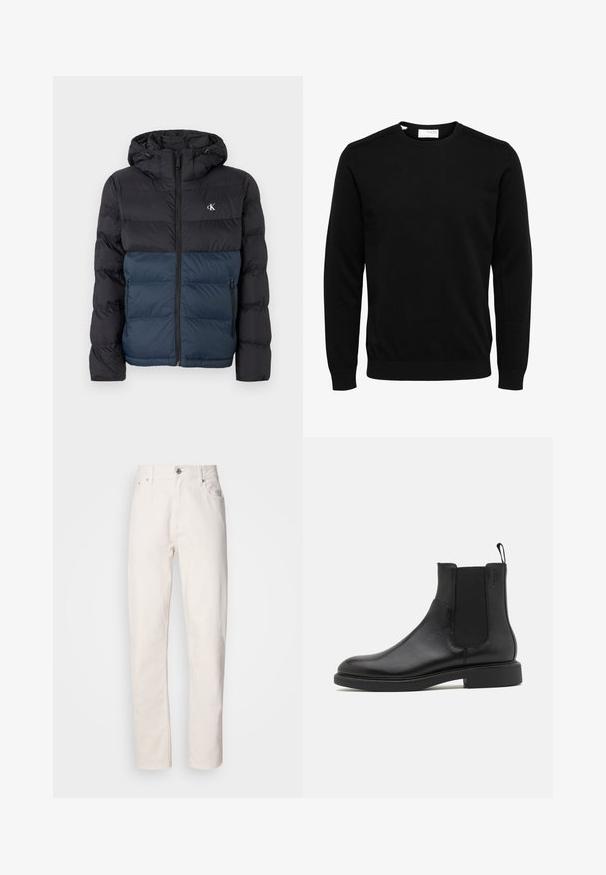 Padded Jacke mit Kapuze, schwarzem oberen Teil und marineblauem unteren Teil, mit Reißverschluss und Logo auf der Brust. Glattes, leichtes Material.; Schwarzer Pullover mit langen Ärmeln und Rundhalsausschnitt, mit gerippten Bündchen und Saum, vor weißem Hintergrund dargestellt.; Weiße Denim-Jeans mit geradem Bein, Knopf- und Reißverschluss, Gürtelschlaufen sowie Vorder- und Hintertaschen, auf einfarbigem Hintergrund gezeigt.; Schwarze Leder-Ankle-Boots mit glatter Textur, elastischen Seitenpaneelen und einer Zuglasche. Runde Zehenpartie und flache Gummisohle mit minimalem Profil.