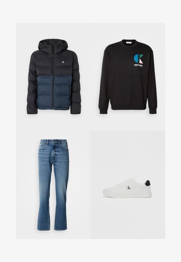 Padded Jacke mit Kapuze, schwarzem oberen Teil und marineblauem unteren Teil, mit Reißverschluss und Logo auf der Brust. Glattes, leichtes Material.; Schwarzes Sweatshirt mit Rundhalsausschnitt und langen Ärmeln, mit einem bunten CK-Logo in Blau, Grün und Pink auf der Vorderseite. Glatte Textur.; Hellblaue Denim-Jeans mit geradem Schnitt und leicht ausgestelltem Bein. Verfügt über fünf Taschen, einen Knopfverschluss und dezente Waschungseffekte.; Weißer Sneaker mit glattem Lederobermaterial, runder Zehenpartie, schwarzem Fersenakzent und "CK"-Logo an der Seite. Verfügt über ein Schnürdesign und eine flache Sohle.